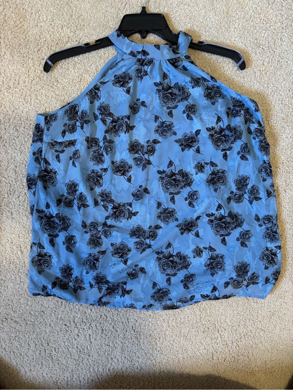 Torrid - blue chiffon tie neck goddess tank with black roses